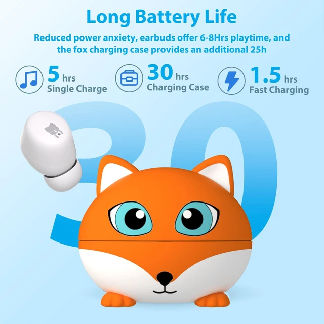Alt view image 4 of 7 - Kids Wireless Earbuds, 85dB Safe Volume, 30H Playtime, Fox Bluetooth Earbuds for Kids ages 7+, Waterproof, Touch Controls, with Mic, School Travel, Christmas Birthday Gifts for Kids