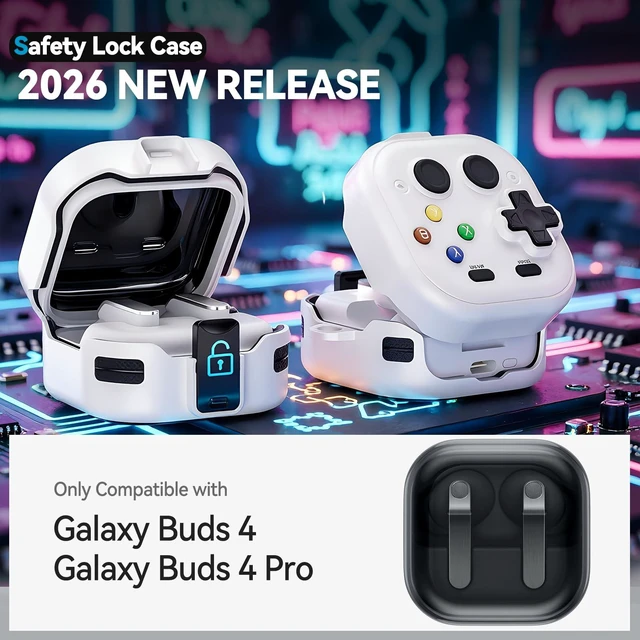 Alt view image 2 of 7 - Secure Lock for Galaxy Buds 4 Pro Case and Buds 4 Case Cover, Funny Game Hard Shell for Samsung Galaxy Buds 4 Pro 2026 Cover with Cleaner Kit and Keychain for Men Boy Women, White