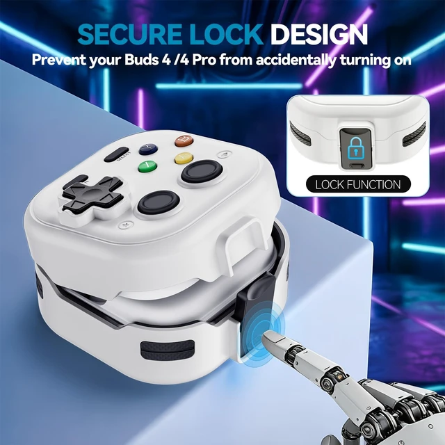 Alt view image 3 of 7 - Secure Lock for Galaxy Buds 4 Pro Case and Buds 4 Case Cover, Funny Game Hard Shell for Samsung Galaxy Buds 4 Pro 2026 Cover with Cleaner Kit and Keychain for Men Boy Women, White