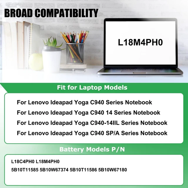 Alt view image 3 of 7 - L18M4PH0 L18C4PH0 Battery Replacement for Lenovo Yoga C940-14IIL For Yoga C940 14 SP/A Series, 5B10T11585 5B10T11586 5B10W67374 SB10W67323, 7.68V 60Wh 7820mAh