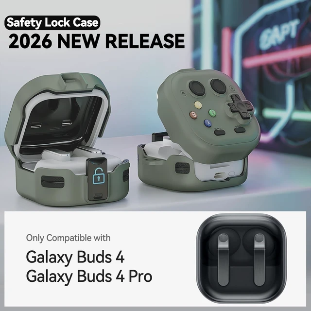 Alt view image 2 of 7 - for Galaxy Buds 4 Pro Case and Buds 4 Case Cover, Secure Lock Case for Samsung Galaxy Buds 4 Pro 2026, Funny Game Hard Shell Cover with Cleaner Kit and Keychain for Men Boy Women, Gray-Green