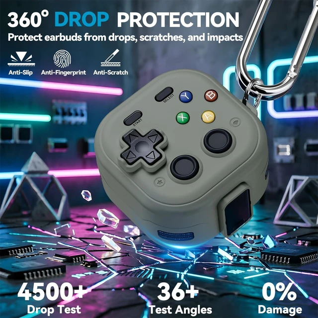 Alt view image 4 of 7 - for Galaxy Buds 4 Pro Case and Buds 4 Case Cover, Secure Lock Case for Samsung Galaxy Buds 4 Pro 2026, Funny Game Hard Shell Cover with Cleaner Kit and Keychain for Men Boy Women, Gray-Green