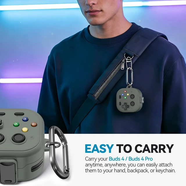 Alt view image 6 of 7 - for Galaxy Buds 4 Pro Case and Buds 4 Case Cover, Secure Lock Case for Samsung Galaxy Buds 4 Pro 2026, Funny Game Hard Shell Cover with Cleaner Kit and Keychain for Men Boy Women, Gray-Green