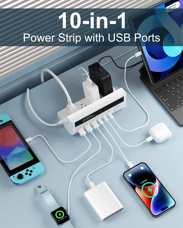 Alt view image 2 of 6 - 10-in-1 USB Power Strip PD 20W Fast Charging USB Ports Extension Cord 100W 5FT Desktop Charging Station with 4 AC Outlets 3 USB-C 3 USB-A Extension Cord
