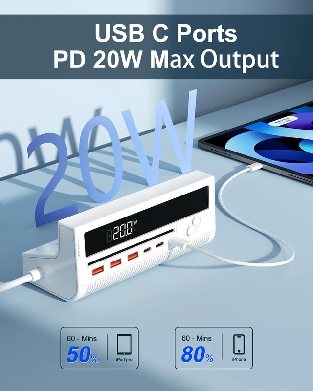 Alt view image 3 of 6 - 10-in-1 USB Power Strip PD 20W Fast Charging USB Ports Extension Cord 100W 5FT Desktop Charging Station with 4 AC Outlets 3 USB-C 3 USB-A Extension Cord