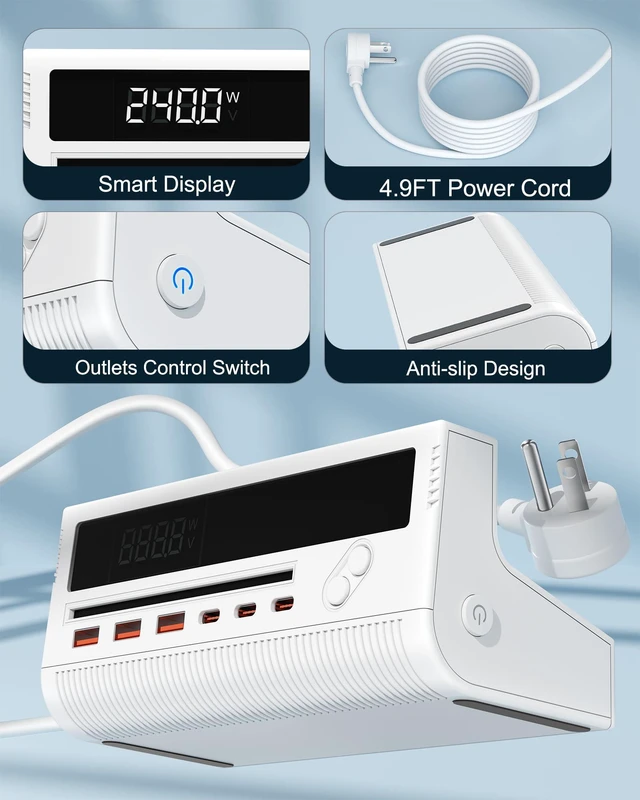 Alt view image 6 of 6 - 10-in-1 USB Power Strip PD 20W Fast Charging USB Ports Extension Cord 100W 5FT Desktop Charging Station with 4 AC Outlets 3 USB-C 3 USB-A Extension Cord