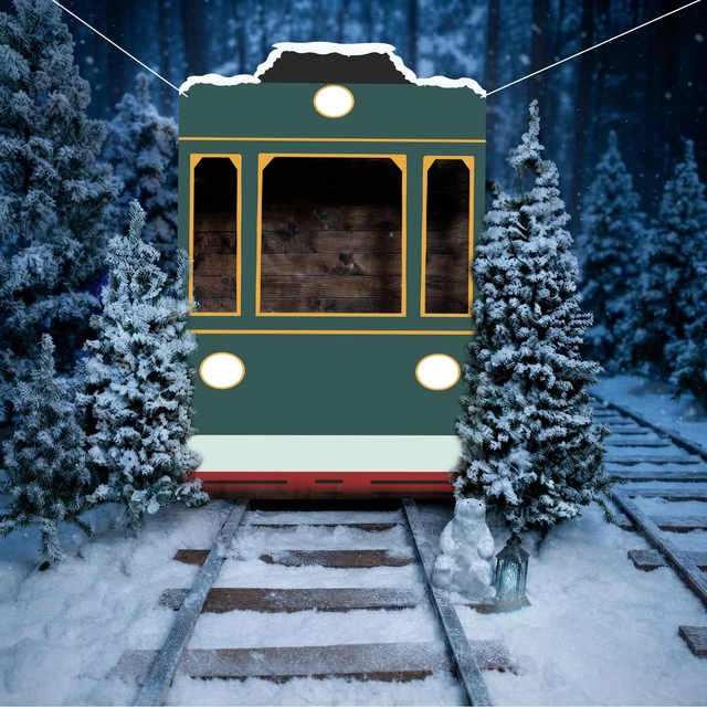 Alt view image 5 of 6 - Train Ticket Booth Backdrop Banner, Express Train Train Window Cutout Photo Prop Banner, Christma Train Party Decorations, Xmas Classroom School Home Wall Backdrop Decor