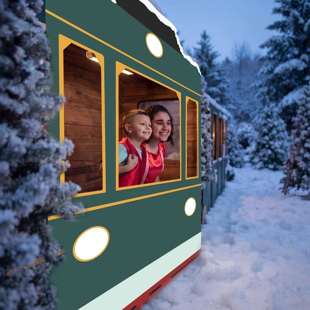 Alt view image 4 of 6 - Train Ticket Booth Backdrop Banner, Express Train Train Window Cutout Photo Prop Banner, Christma Train Party Decorations, Xmas Classroom School Home Wall Backdrop Decor
