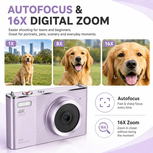 Alt view image 3 of 6 - 4K Digital Camera for Teens and Beginners, 72MP Point and Shoot Camera with Autofocus, 16X Digital Zoom, 2.8 Inch IPS Screen, Type-C Rechargeable Compact Camera with 32GB Card, Purple
