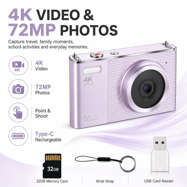 Alt view image 4 of 6 - 4K Digital Camera for Teens and Beginners, 72MP Point and Shoot Camera with Autofocus, 16X Digital Zoom, 2.8 Inch IPS Screen, Type-C Rechargeable Compact Camera with 32GB Card, Purple