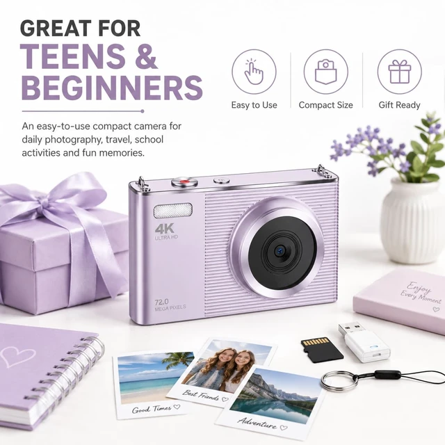 Alt view image 5 of 6 - 4K Digital Camera for Teens and Beginners, 72MP Point and Shoot Camera with Autofocus, 16X Digital Zoom, 2.8 Inch IPS Screen, Type-C Rechargeable Compact Camera with 32GB Card, Purple