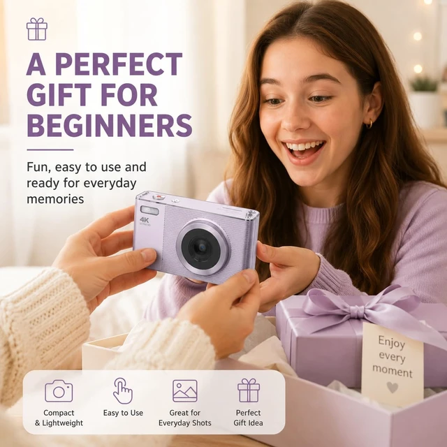 Alt view image 6 of 6 - 4K Digital Camera for Teens and Beginners, 72MP Point and Shoot Camera with Autofocus, 16X Digital Zoom, 2.8 Inch IPS Screen, Type-C Rechargeable Compact Camera with 32GB Card, Purple