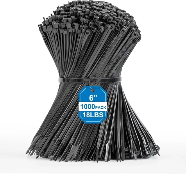 Main image of Small Zip Ties - 1000 Pcs Black Zip Ties 6 Inch for Cable Management 18lbs Tensile Strength Black Cable Ties, Self-Locking, UV & Flame Resistant, Nylon Zipties for Indoor and Outdoor Use