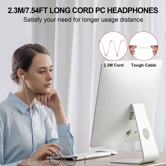 Alt view image 2 of 7 - USB Earbuds Wired with Microphone for PC 7.5 Ft Cable, Pink USB Headset for School Computer Class, Wired USBA Headphone with Mic Stereo Cord Laptop Earphone for HP/Dell/Surface Meeting