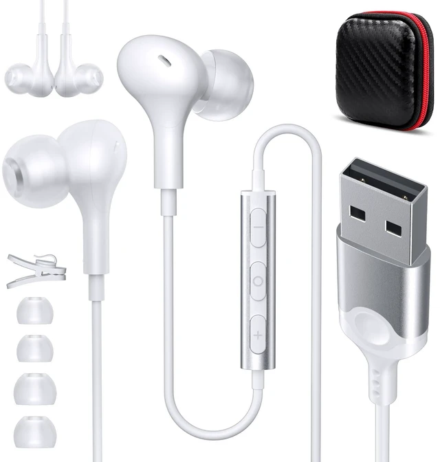 Main image of USB Earbuds Wired with Microphone for PC 7.5 Ft Cable, White USB Headset for School Computer Class, Wired USBA Headphone with Mic Stereo Cord Laptop Earphone for HP/Dell/Surface Meeting