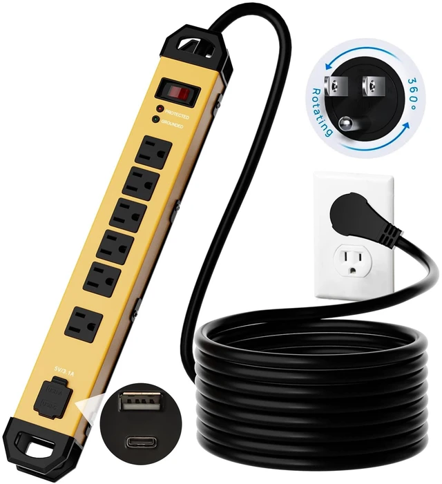 Main image of Heavy Duty Metal Power Strip Surge Protector 2100J, 6 Outlets & 2 USB, 15A Circuit Breaker, 6ft Power Cord, 360° Rotating Flat Plug, Wall Mountable for Garage Workshop Industrial, ETL Listed, Yellow