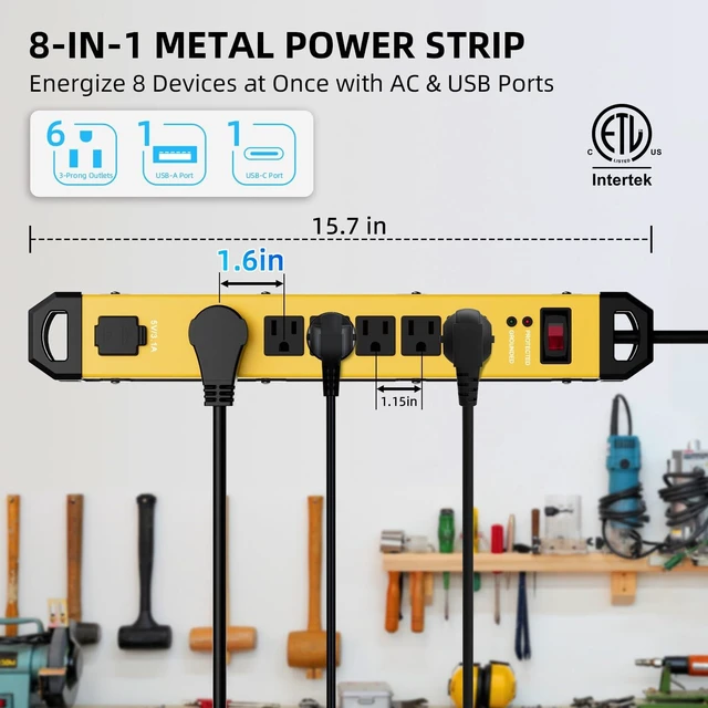 Alt view image 2 of 7 - Heavy Duty Metal Power Strip Surge Protector 2100J, 6 Outlets & 2 USB, 15A Circuit Breaker, 6ft Power Cord, 360° Rotating Flat Plug, Wall Mountable for Garage Workshop Industrial, ETL Listed, Yellow