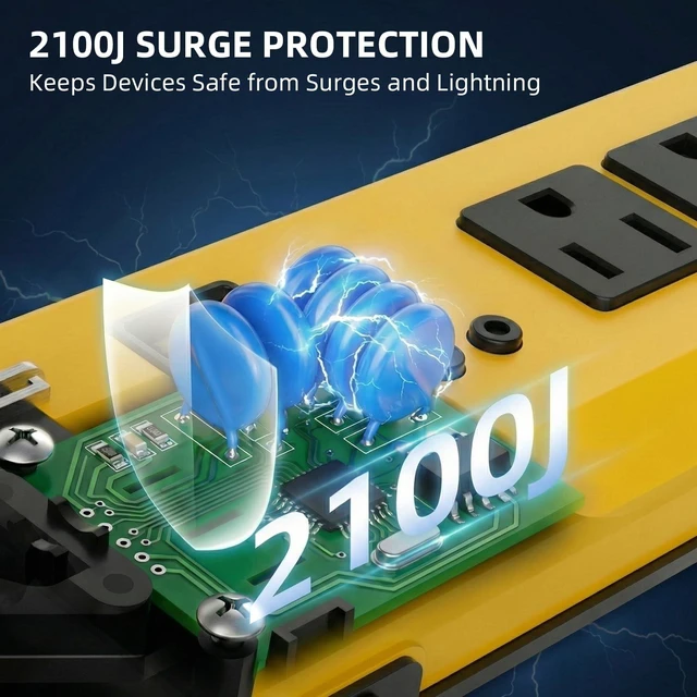 Alt view image 4 of 7 - Heavy Duty Metal Power Strip Surge Protector 2100J, 6 Outlets & 2 USB, 15A Circuit Breaker, 6ft Power Cord, 360° Rotating Flat Plug, Wall Mountable for Garage Workshop Industrial, ETL Listed, Yellow