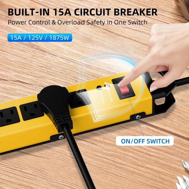 Alt view image 5 of 7 - Heavy Duty Metal Power Strip Surge Protector 2100J, 6 Outlets & 2 USB, 15A Circuit Breaker, 6ft Power Cord, 360° Rotating Flat Plug, Wall Mountable for Garage Workshop Industrial, ETL Listed, Yellow