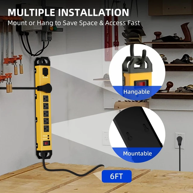 Alt view image 6 of 7 - Heavy Duty Metal Power Strip Surge Protector 2100J, 6 Outlets & 2 USB, 15A Circuit Breaker, 6ft Power Cord, 360° Rotating Flat Plug, Wall Mountable for Garage Workshop Industrial, ETL Listed, Yellow