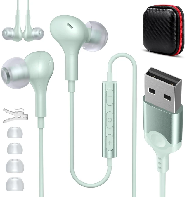 Main image of USB Earbuds Wired with Microphone for PC 7.5 Ft Cable, Green USB Headset for School Computer Class, Wired USBA Headphone with Mic Stereo Cord Laptop Earphone for HP/Dell/Surface Meeting
