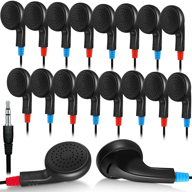 Main image of 100 Pcs Earbuds Bulk Class Headphone Wired Earphone, Black School Ear Buds, 3.5mm, 90cm TPE Cord, No Mic, Laptop Computer, Lab Library, Testing Use, Individually Wrapped