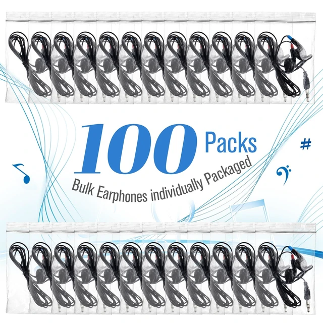 Alt view image 2 of 6 - 100 Pcs Earbuds Bulk Class Headphone Wired Earphone, Black School Ear Buds, 3.5mm, 90cm TPE Cord, No Mic, Laptop Computer, Lab Library, Testing Use, Individually Wrapped