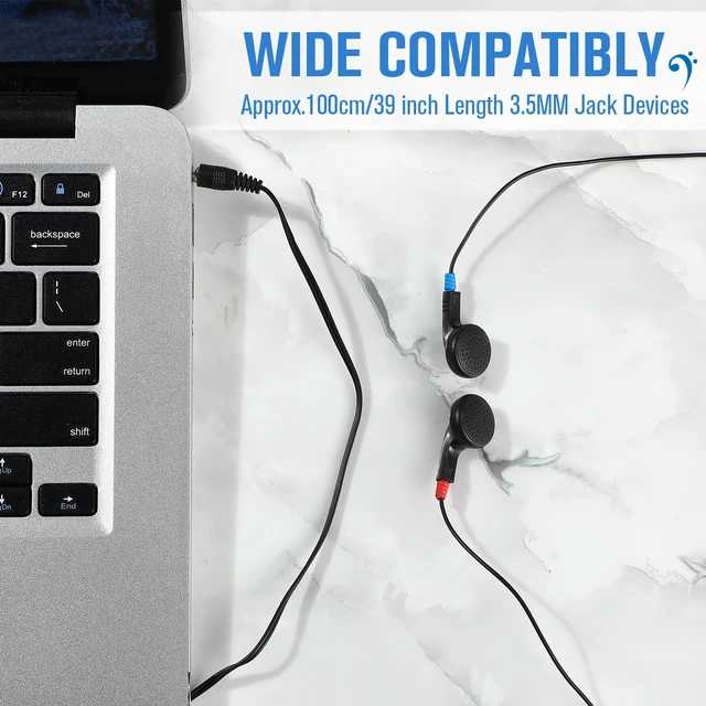 Alt view image 4 of 6 - 100 Pcs Earbuds Bulk Class Headphone Wired Earphone, Black School Ear Buds, 3.5mm, 90cm TPE Cord, No Mic, Laptop Computer, Lab Library, Testing Use, Individually Wrapped