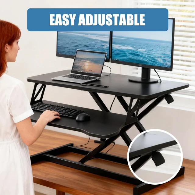 Alt view image 5 of 6 - Standing Desk Converter, Height Adjustable, Dual Monitor with Keyboard Tray Wide Keyboard Tray, Sturdy Construction, Sit-to-Stand Transition, Easy Assembly Tabletop Workstation for Home & Office