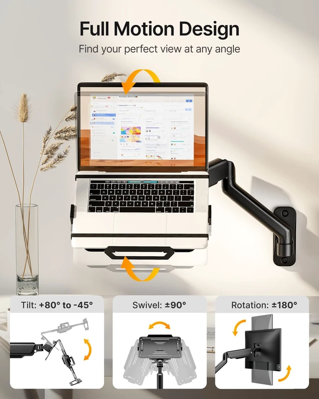 Alt view image 2 of 7 - 2-in-1 Laptop Wall Mount, Fits 1218" Laptops & 32" MonitorsBlack Full Motion Monitor & Laptop Stand with Adjustable Tray, Metal Ergonomic Single Monitor Holds Up to 19.8lbs