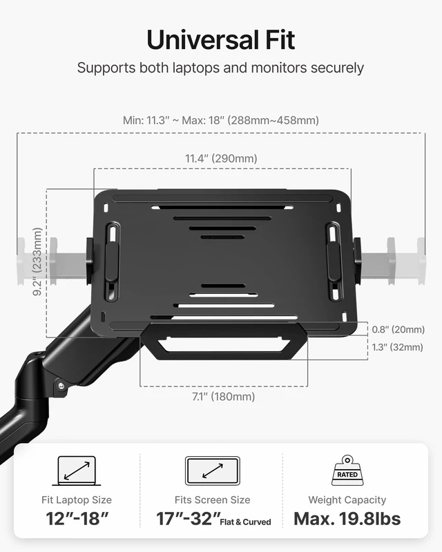 Alt view image 3 of 7 - 2-in-1 Laptop Wall Mount, Fits 1218" Laptops & 32" MonitorsBlack Full Motion Monitor & Laptop Stand with Adjustable Tray, Metal Ergonomic Single Monitor Holds Up to 19.8lbs