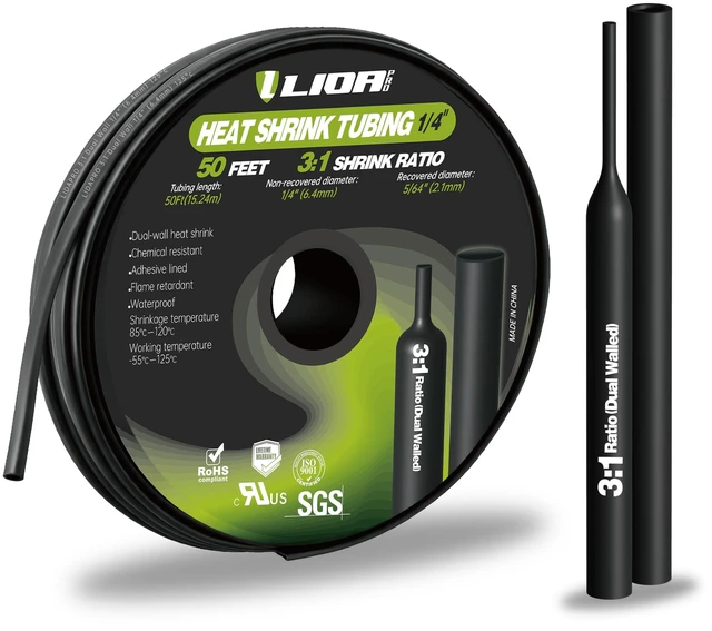 Main image of 1/4 Inch Heat Shrink Tubing Adhesive Lined - 50ft Bulk Spool 3:1 Ratio Dual Wall Shrink Wrap - Marine Grade Waterproof Insulation for Automotive, Boat, and Electrical DIY - Black