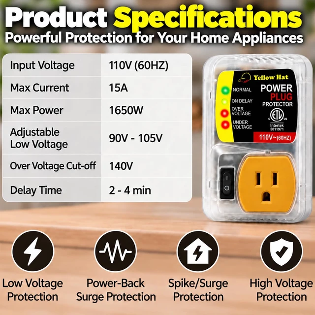 Alt view image 3 of 7 - Surge Protector for Refrigerator 110V 15A 1650W, Brownout Power Suppressor Voltage Protector with Delay Function, Indicator Light, Adjustable Minimum Voltage Capacity, 140 Joules, Protect TV/PC/AC