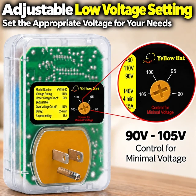 Alt view image 6 of 7 - Surge Protector for Refrigerator 110V 15A 1650W, Brownout Power Suppressor Voltage Protector with Delay Function, Indicator Light, Adjustable Minimum Voltage Capacity, 140 Joules, Protect TV/PC/AC