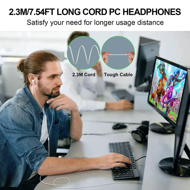 Alt view image 5 of 7 - USB Earbuds Wired with Microphone for PC 7.5 Ft Cable, White USB Headset for School Computer Class, Wired USBA Headphone with Mic Stereo Cord Laptop Earphone for HP/Dell/Surface Meeting