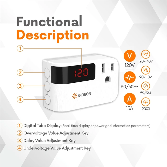 Alt view image 4 of 7 - Refrigerator Surge Protector, Single Outlet Voltage Protector with Real-Time Voltage Display, 900J Over & Under Voltage Protection, 120V 15A 1800W for Refrigerator, AC, TV & Home Appliances
