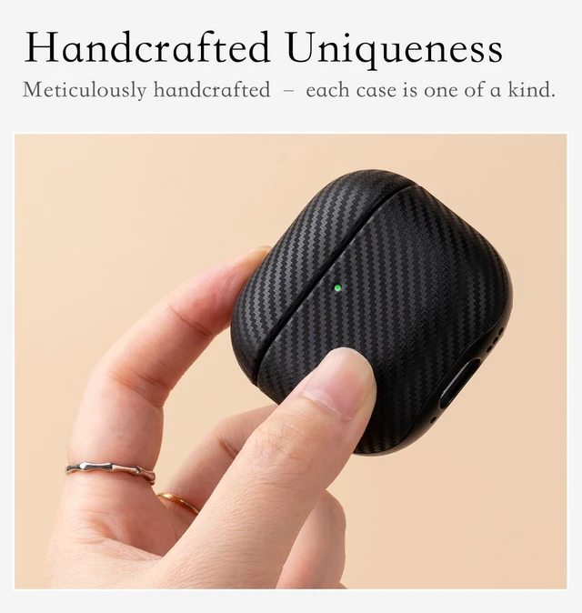 Alt view image 2 of 6 - Edge Series - Leather Case for AirPods 5 / AirPods 4 - Black Artisan Hand-Wrapped Case - Top Grain Leather - Carbon Fiber Finish - Microfiber-Lined Scratch Protection