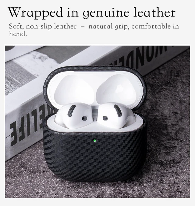 Alt view image 3 of 6 - Edge Series - Leather Case for AirPods 5 / AirPods 4 - Black Artisan Hand-Wrapped Case - Top Grain Leather - Carbon Fiber Finish - Microfiber-Lined Scratch Protection