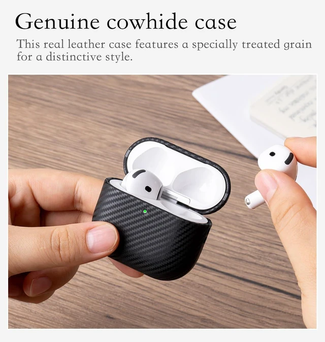 Alt view image 6 of 6 - Edge Series - Leather Case for AirPods 5 / AirPods 4 - Black Artisan Hand-Wrapped Case - Top Grain Leather - Carbon Fiber Finish - Microfiber-Lined Scratch Protection