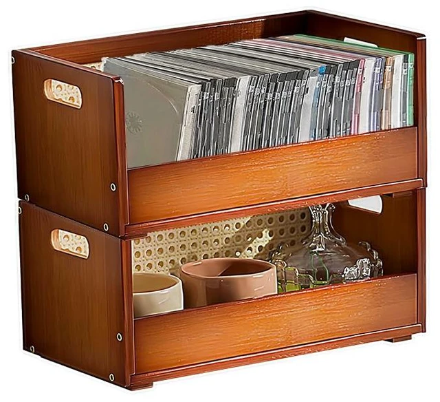 Main image of 2pcs Cd Storage Box Wooden CD Holder Rack, DVD Storage Racks Organizer for Cd Display Movie Cases Music Cassette Tapes Shelf Stand Record Crates