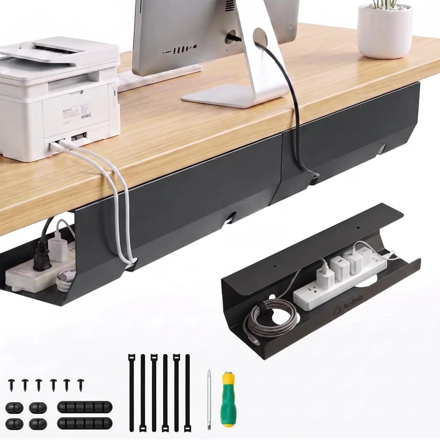 Main image of Under Desk Cable Management Tray, 2 Pack (16.5 in, Metal, Black) Two powder-coated steel C-shaped trays keep power strips, cords, and adapters organized with open cable access
