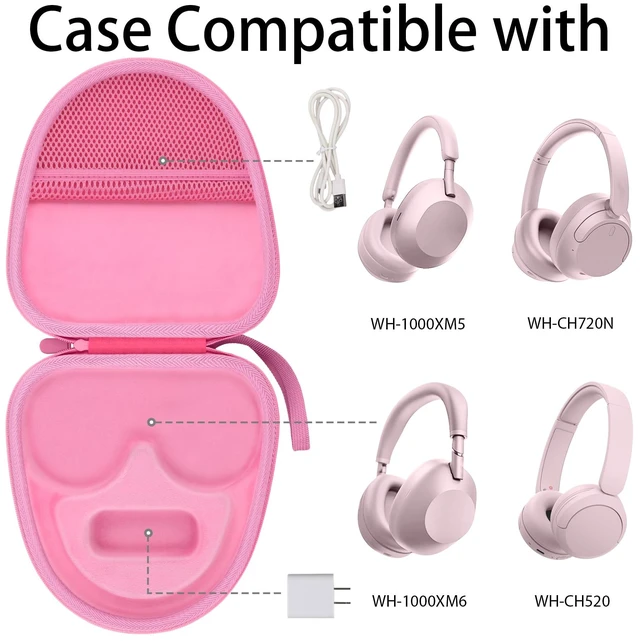 Alt view image 2 of 7 - Hard Case for Sony WH-CH730N/CH720N/CH520/1000XM6/1000XM5,Pink Features a Mesh Pocket for Accessories. Hand Strap for Easy Carrying. Hard EVA Shell with Soft Velvet Lining. Case Only