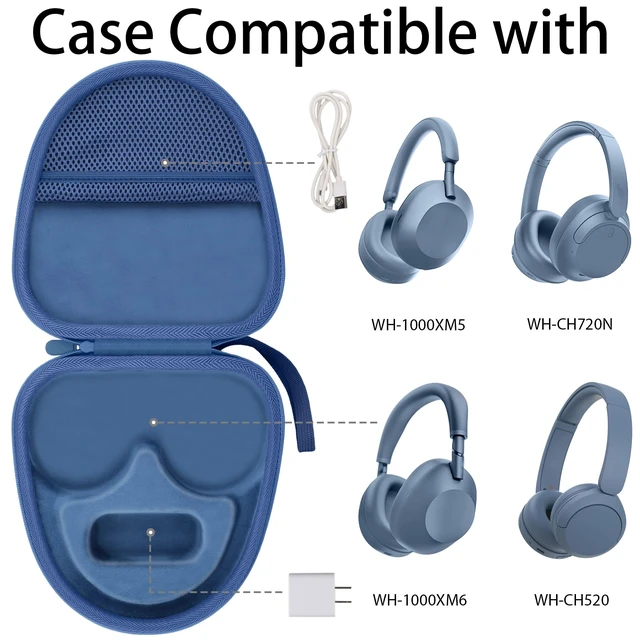 Alt view image 2 of 7 - Hard Case for Sony WH-CH730N/CH720N/1000XM6/1000XM5, Dark Blue Travel Case Compatible with Sony WH-CH520, Features a Mesh Pocket for Accessories. Hand Strap for Easy Carrying. Case Only