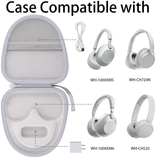 Alt view image 2 of 7 - Hard Case for Sony WH-CH730N/CH720N/CH520/1000XM6/1000XM5, White Features a Mesh Pocket for Accessories. Hand Strap for Easy Carrying. Hard EVA Shell with Soft Velvet Lining. Case Only