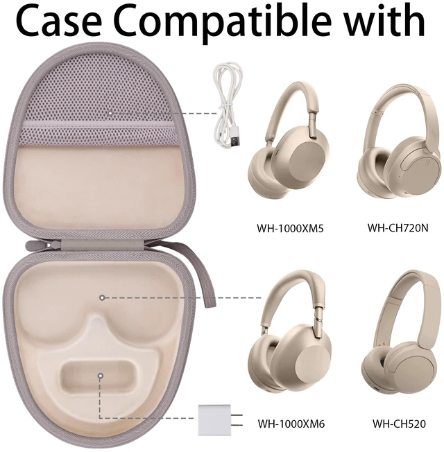 Alt view image 2 of 7 - Hard Case for Sony WH-CH730N/CH720N/CH520/1000XM6/1000XM5,Sand Features a Mesh Pocket for Accessories. Hand Strap for Easy Carrying. Hard EVA Shell with Soft Velvet Lining. Case Only