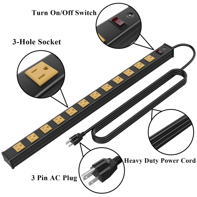 Alt view image 3 of 6 - 12 Outlets Heavy Duty Metal Socket Power Strip, 6-Foot Long Extension Cord with Circuit Breaker. Mounting Brackets Included,Workshop/Industrial use, ETL CertifiedYellow