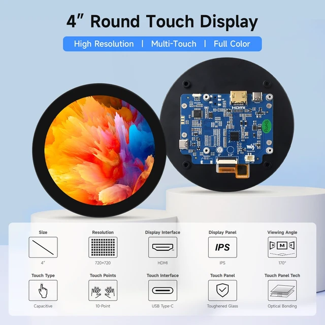 Alt view image 3 of 7 - 4inch HDMI Round Touch Display, 720 × 720 Resolution, IPS, 10-Point Touch, Compatible with Raspberry Pi 5/4B/3B+/3A+/2B/B+/A+/Zero/Zero W/WH/Zero 2W, Compatible with Jetson Nano and Mini PC