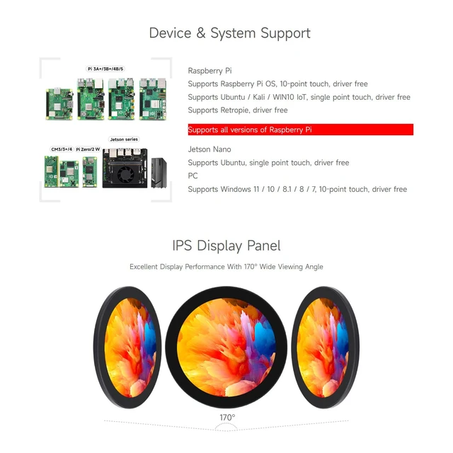 Alt view image 4 of 7 - 4inch HDMI Round Touch Display, 720 × 720 Resolution, IPS, 10-Point Touch, Compatible with Raspberry Pi 5/4B/3B+/3A+/2B/B+/A+/Zero/Zero W/WH/Zero 2W, Compatible with Jetson Nano and Mini PC