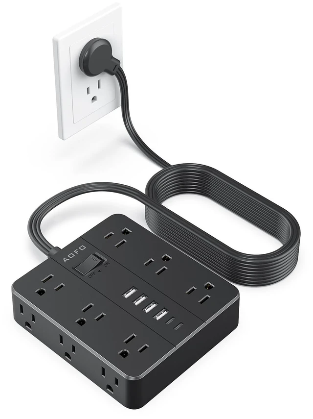 Main image of 15FT Power Strip, Flat Plug Extension Cord with Multiple Outlets,Black 12 AC Outlets with 6 USB Ports (2 USB-C),Wall Mount for Home Office,Dorm