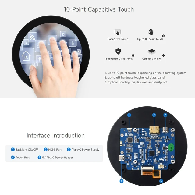 Alt view image 7 of 7 - 4inch HDMI Round Touch Display, 720 × 720 Resolution, IPS, 10-Point Touch, Compatible with Raspberry Pi 5/4B/3B+/3A+/2B/B+/A+/Zero/Zero W/WH/Zero 2W, Compatible with Jetson Nano and Mini PC